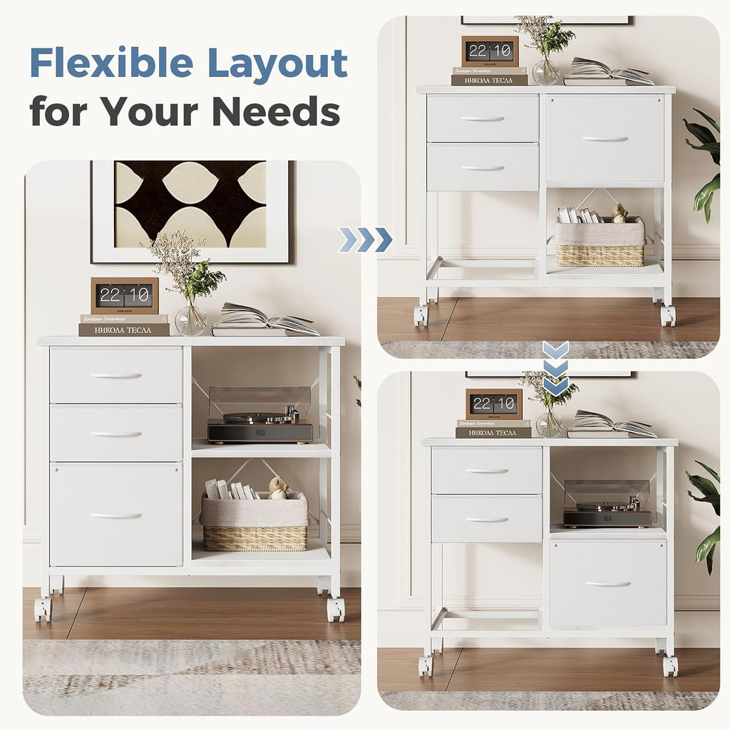 DUMOS 3 Drawer Mobile File Cabinet, Space Saving Rolling Printer Stand | Freestanding Fabric Lateral Filing Cabinet Fits A4/Letter Size, Printer Cart with Open Storage Shelf for Home Office, White