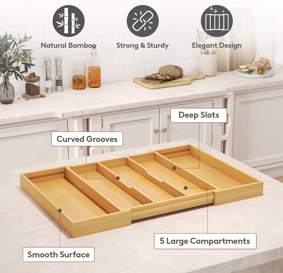 Lifewit Bamboo Utensil Organizer for Kitchen Drawer, Cooking Utensil Tray