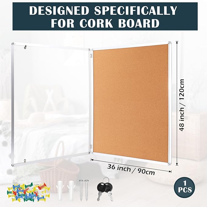 Cholemy Enclosed Bulletin Lockable Cork Case Notice Board 48 x 36 Inch - Image 2