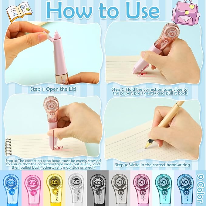auroray 18 Pack Correction Tape Pens 1/5" X 236", 9 Color Correction Tape Pens - Image 4