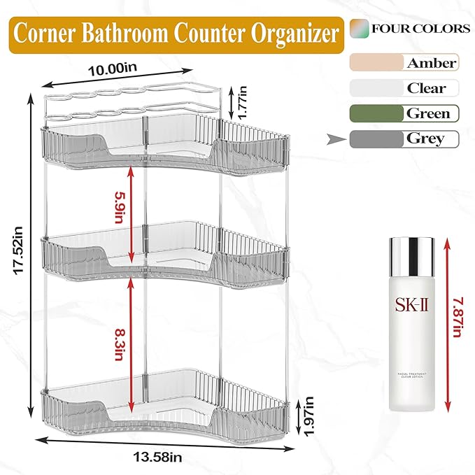 SUNZOS Modern 3-Tier Bathroom Organizer, Corner Makeup Storage - Image 2
