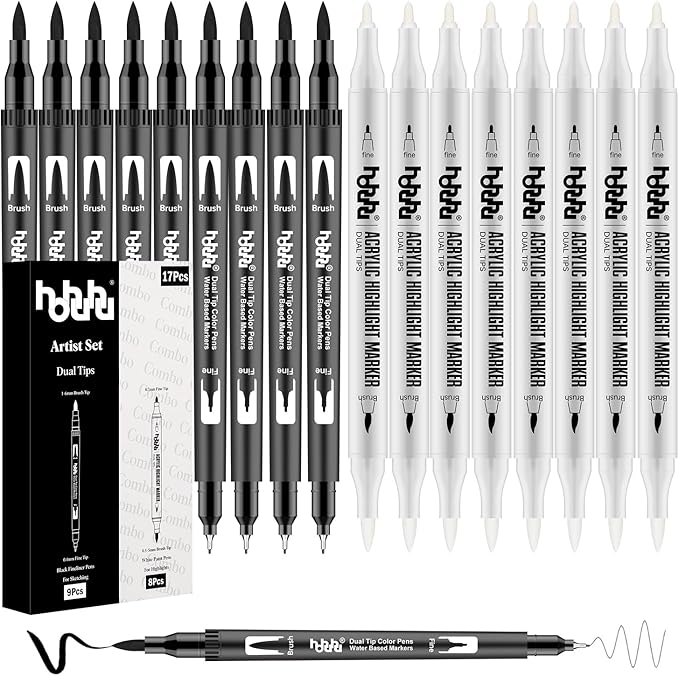 hhhouu 17Pack Dual Tip Black & White Brush Pens- Fineliner & Highlighting Set by hhhouuWithFunCreativity