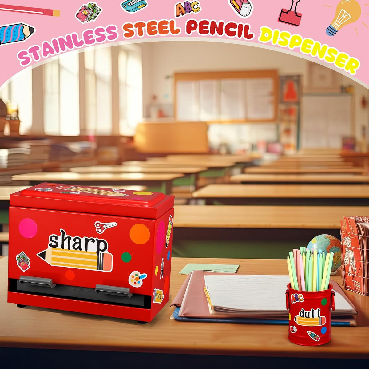Mifoci 8 Pcs Pencil Dispenser for Classroom Stainless Steel, Red
