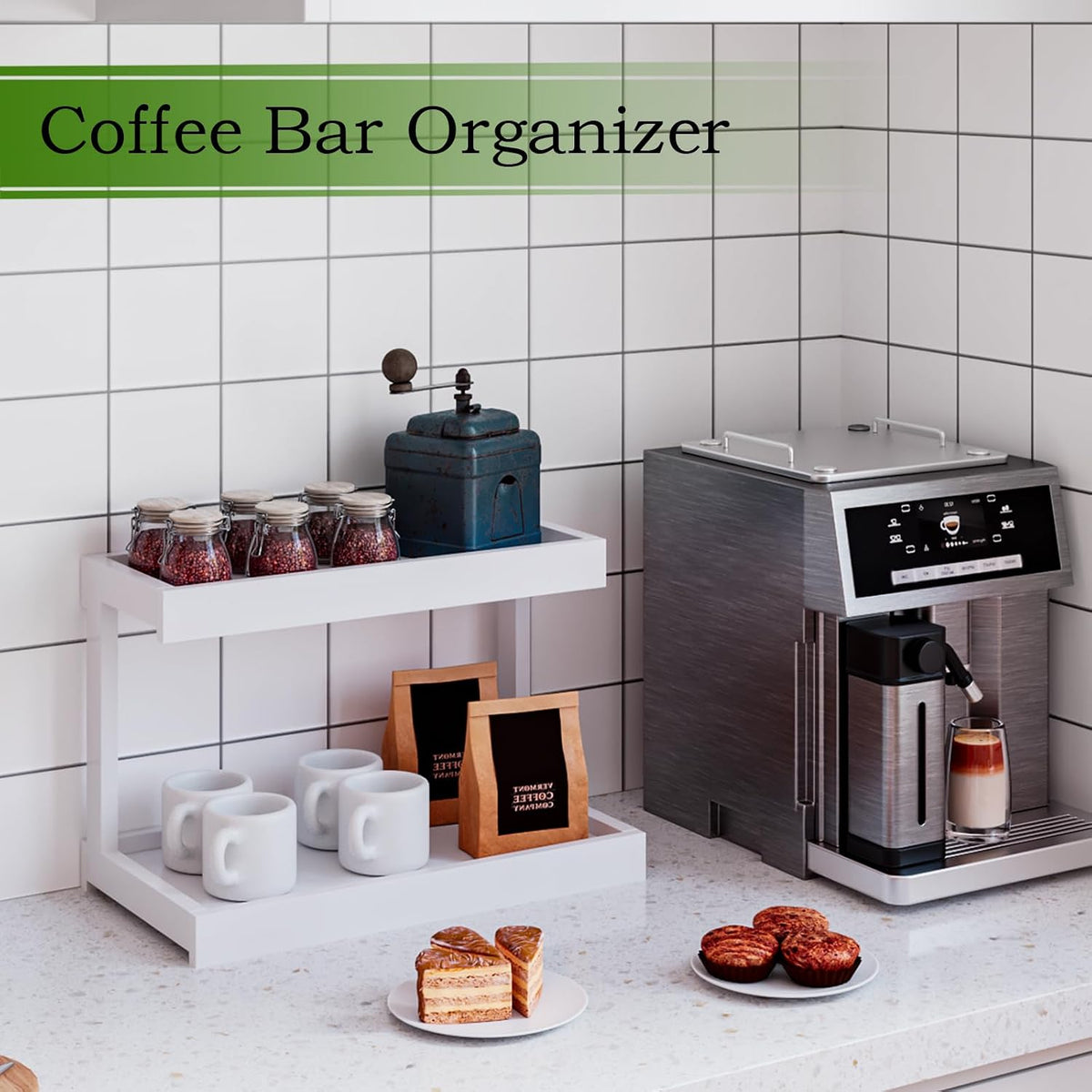 MARTY Counter Shelf Organizer, 2 Tier Spice Rack for Countertop, White