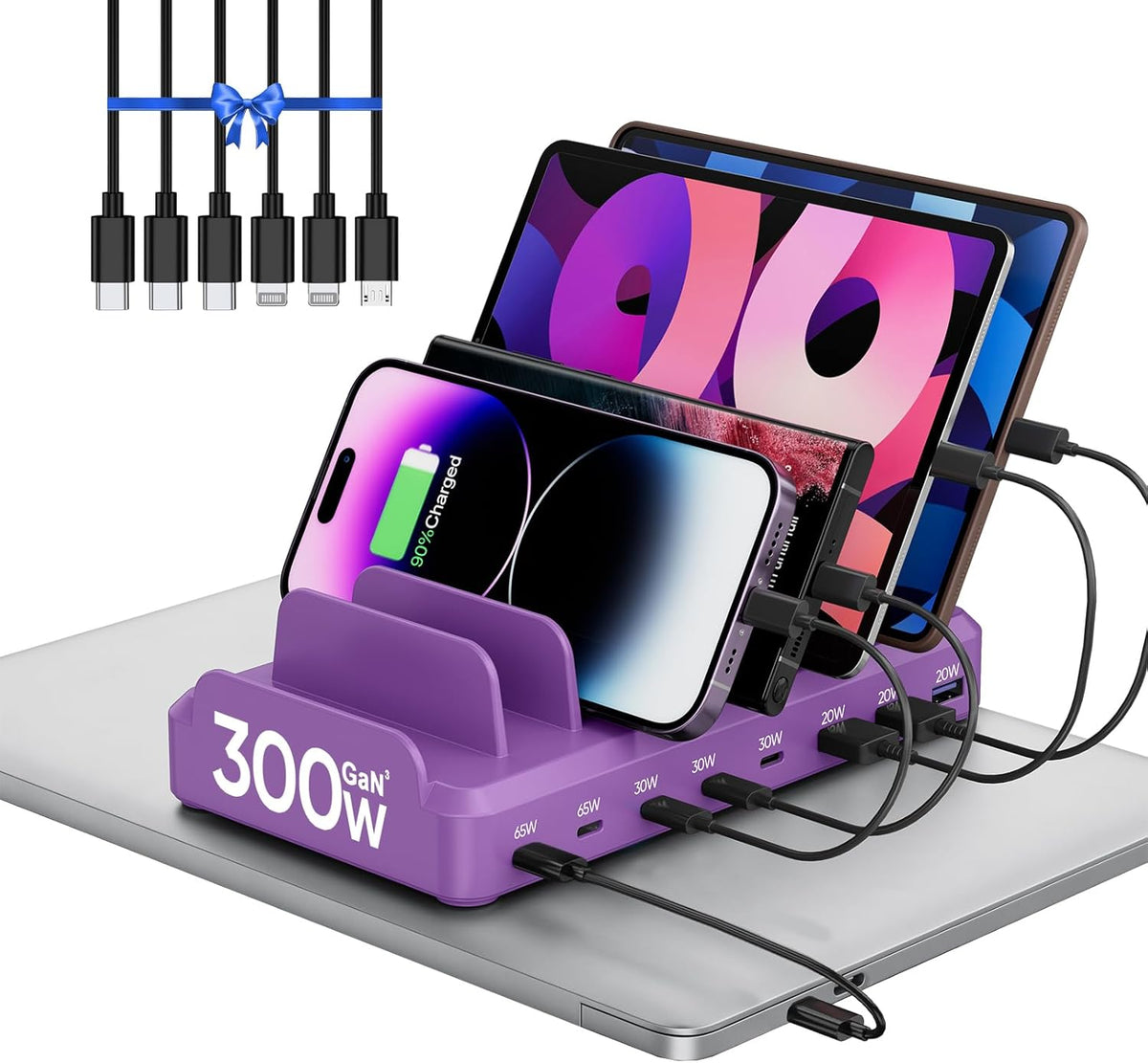 300W Charging Station for Multiple Devices, 8 Port Multi USB C Fast Charger