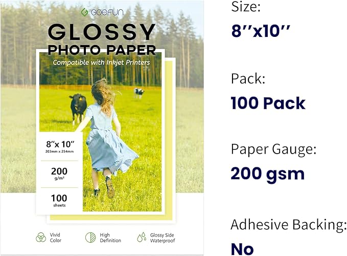 100 Sheets Glossy Photo Paper 8x10, Goefun 200GSM/54LB Inkjet Printer Paper - Image 2