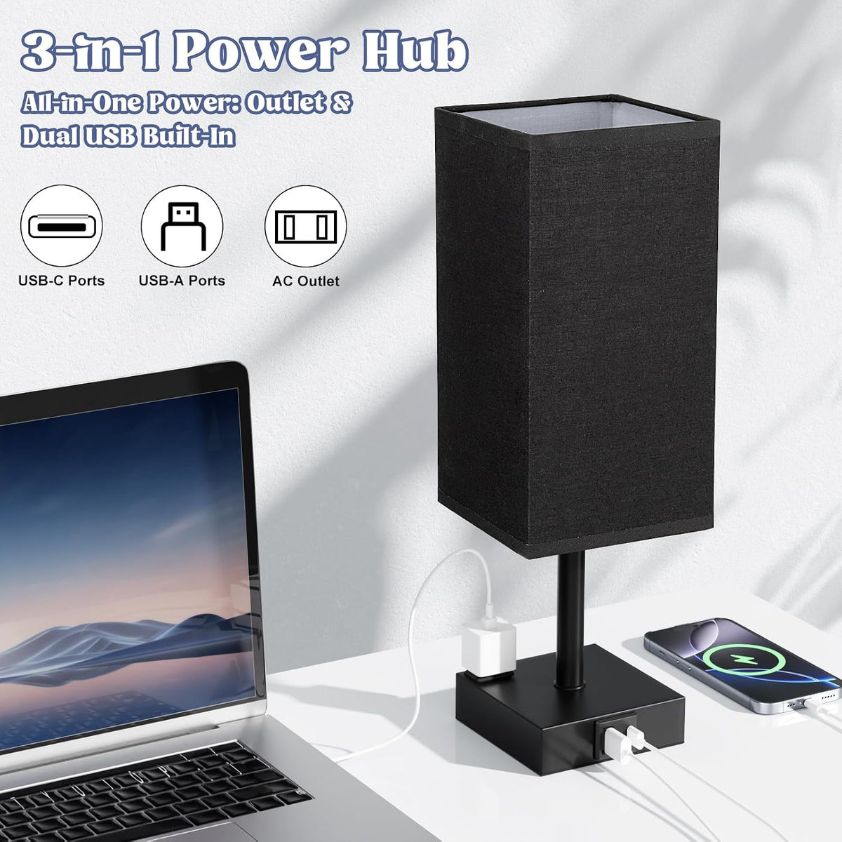 Set of 2 Black Table Lamp for Bedroom - Dimmable Touch, USB C+A, AC Outlet