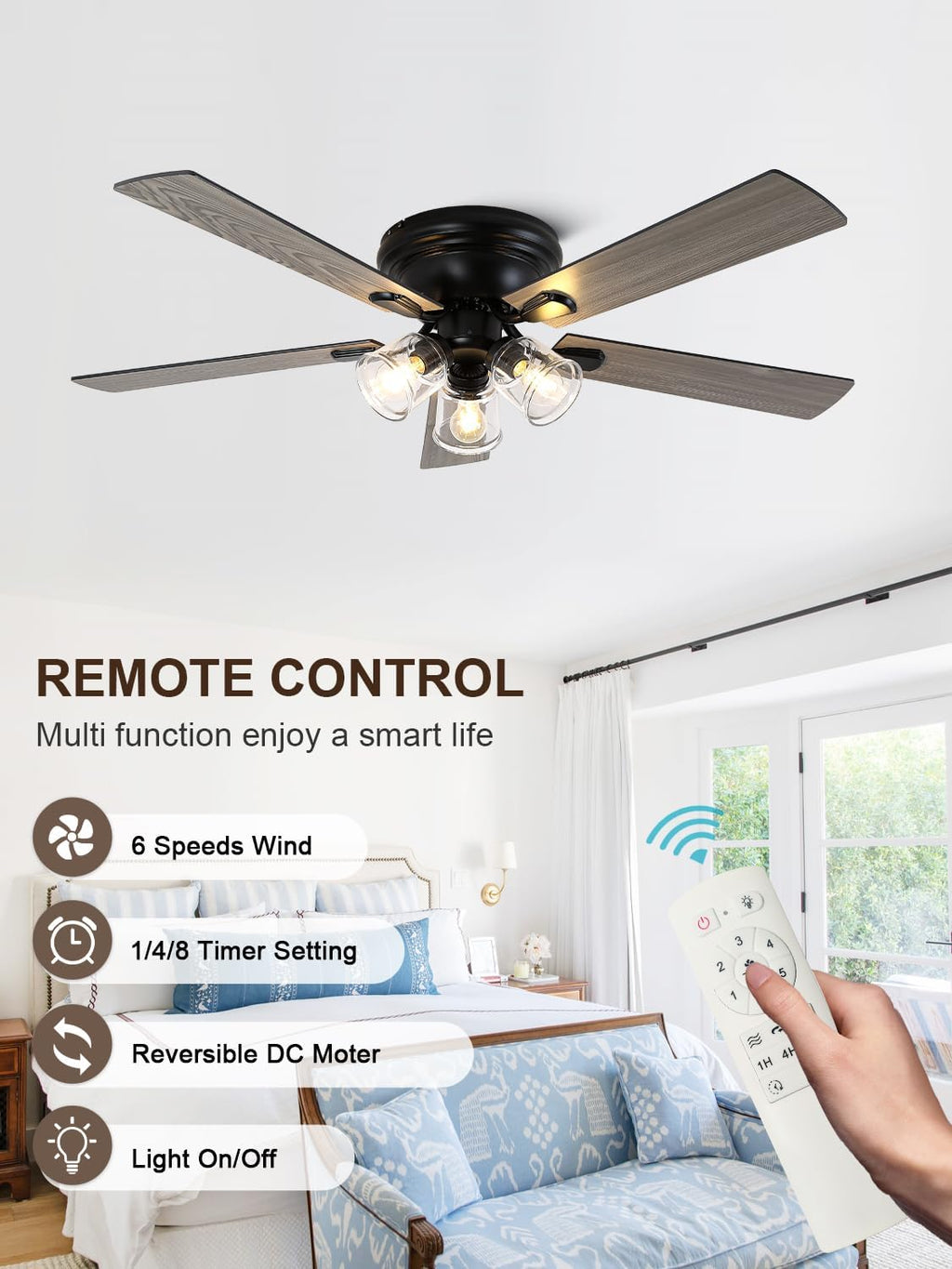 52 inch flush mount farmhouse ceiling fan with showing dimensions
