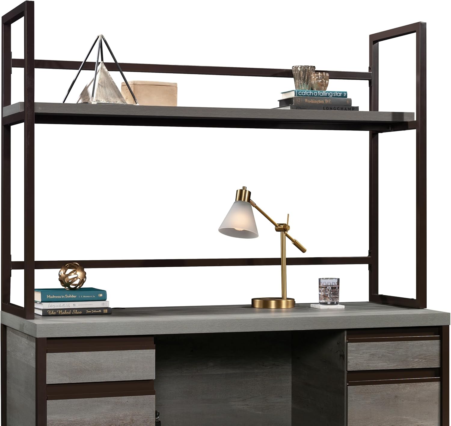 60" Desk Hutch with 1-Inch Thick Top Brown Engineered Wood Desktop Hutch 2 Open Shelves for Office Dorm Home Vertical Storage Organizer