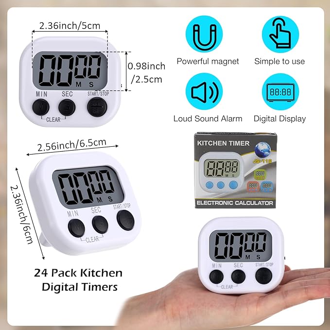 Leumoi 24 Pcs Digital Kitchen Timers Magnetic Back Timers Bulk Large Screen - Image 2