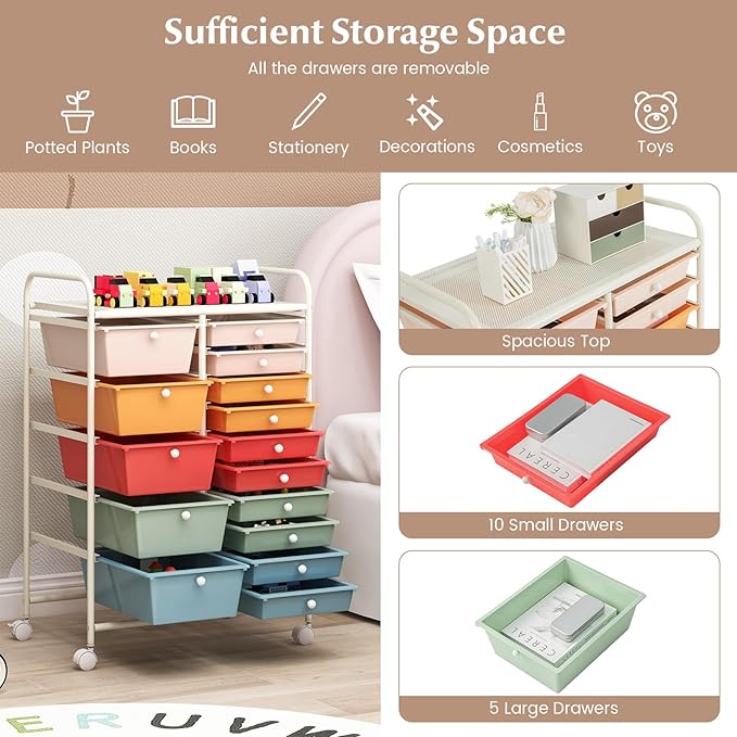 DORTALA 15-Drawer Rolling Storage Cart - Image 5