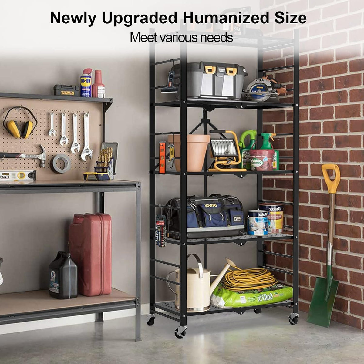 himix 5-tier foldable storage shelves with 20 hooks, front angle view