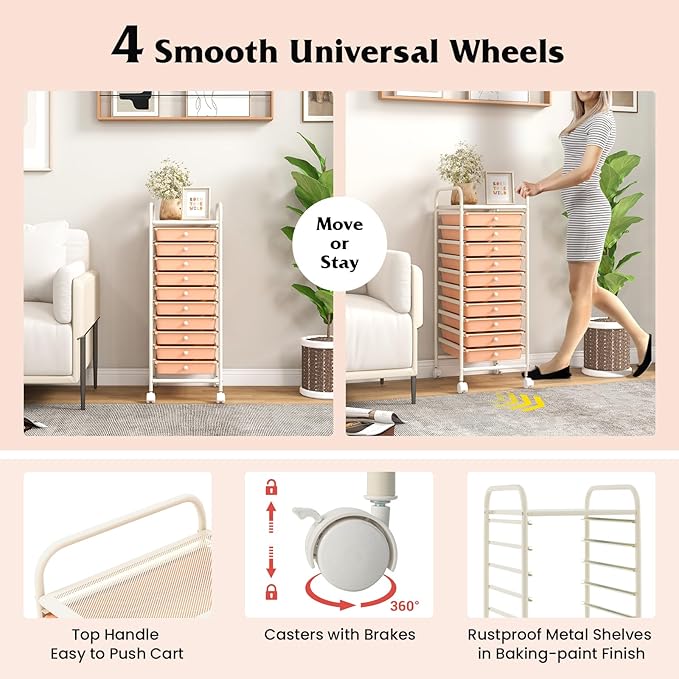 Giantex 10-Drawer Storage Cart w/Universal Wheel, Rolling Cart w/Handle - Image 7