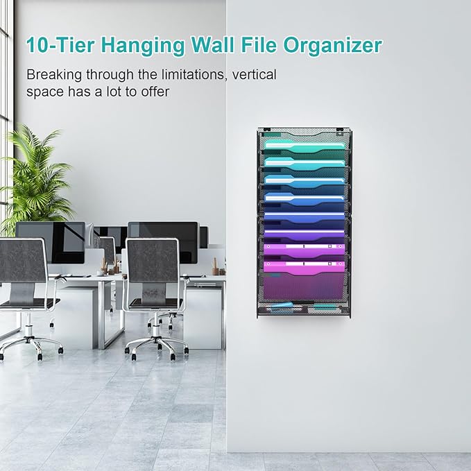 VEESUN 10 Tier Hanging Wall File Organizer, Wall File Holder Organizer Mounted - Image 4