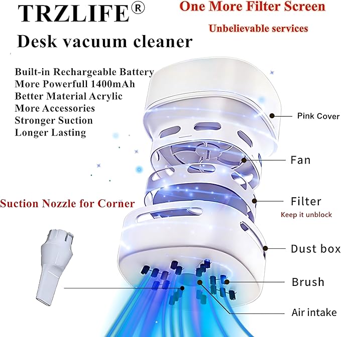 TRZLIFE Desk Vacuum Cleaner, Portable USB Rechargeable Mini Handheld Cleaner - Image 2