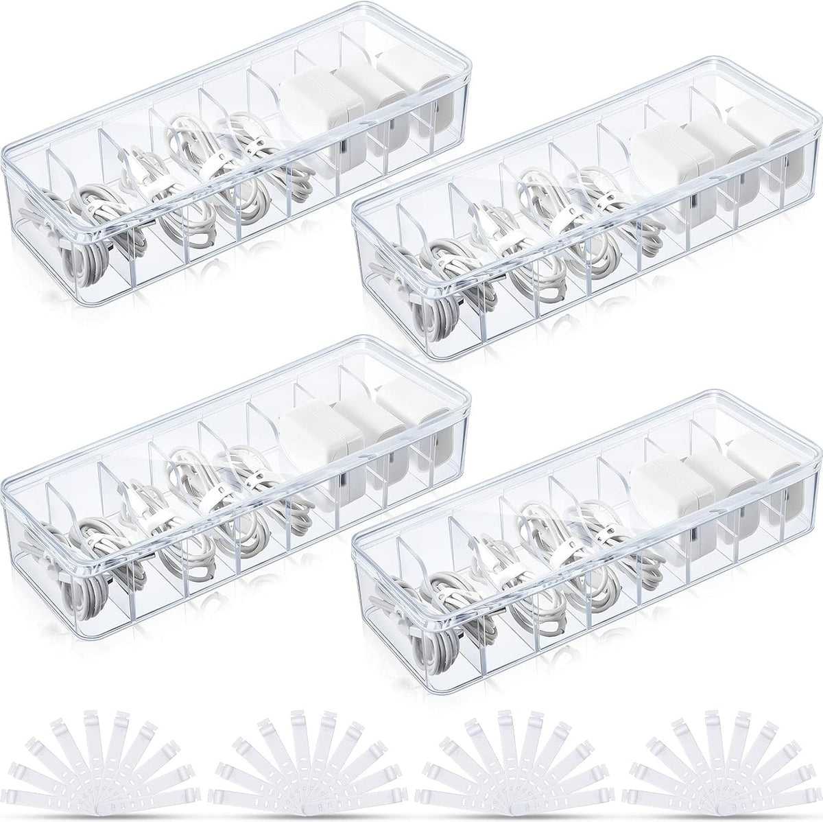 Tatuo Cord Organizer Box with Lid, Clear, 4 Pack
