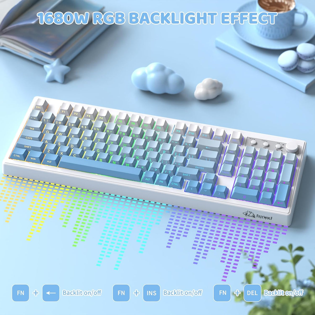 FREEWOLF K100 99 Keys Gaming Membrane Wireless Keyboard with Media Knob,Tri-M...
