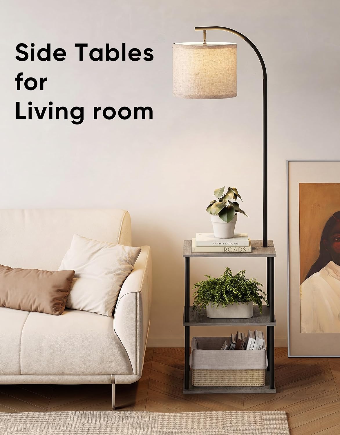 PARTPHONER Floor Lamp with Table, Night Stand with Lamp, Narrow Side Table wi...