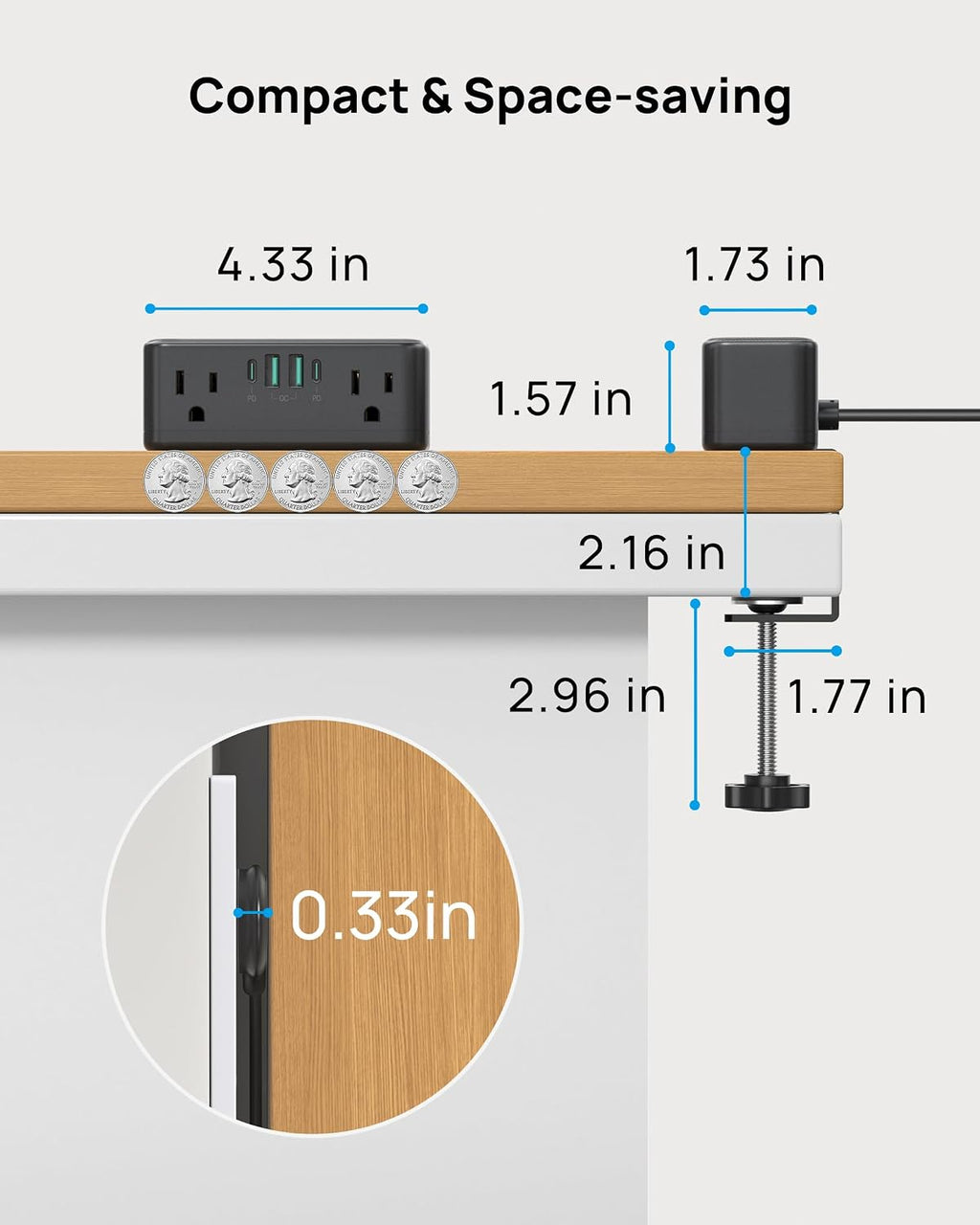 trond compact desk clamp power strip 5 ft, front angle view
