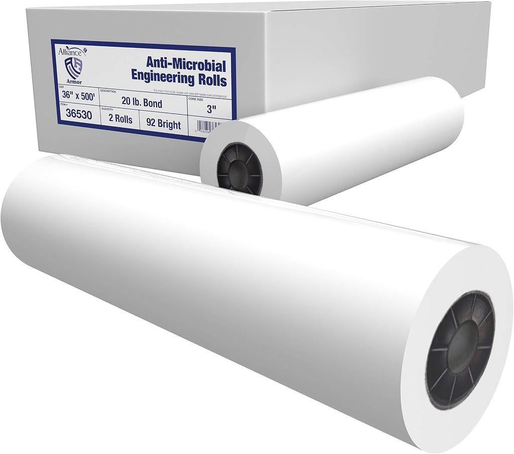 Alliance Wide Format Paper 36" x 500' Antimicrobial Bond Engineering Rolls 20lb 92 Bright 2 Rolls