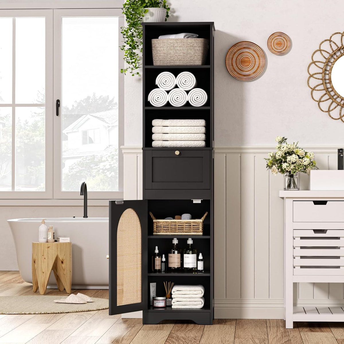 Tall Narrow Rattan Bathroom Storage Cabinet with Doors and Drawers, Black