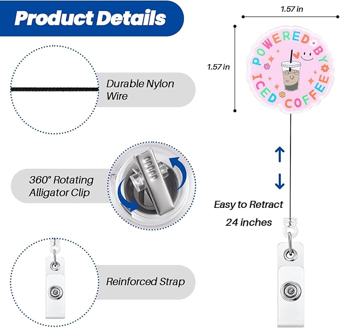 Powered by Iced Coffee Funny Pink Nurse Badge Reel, Cute Retractable ID Card - Image 2