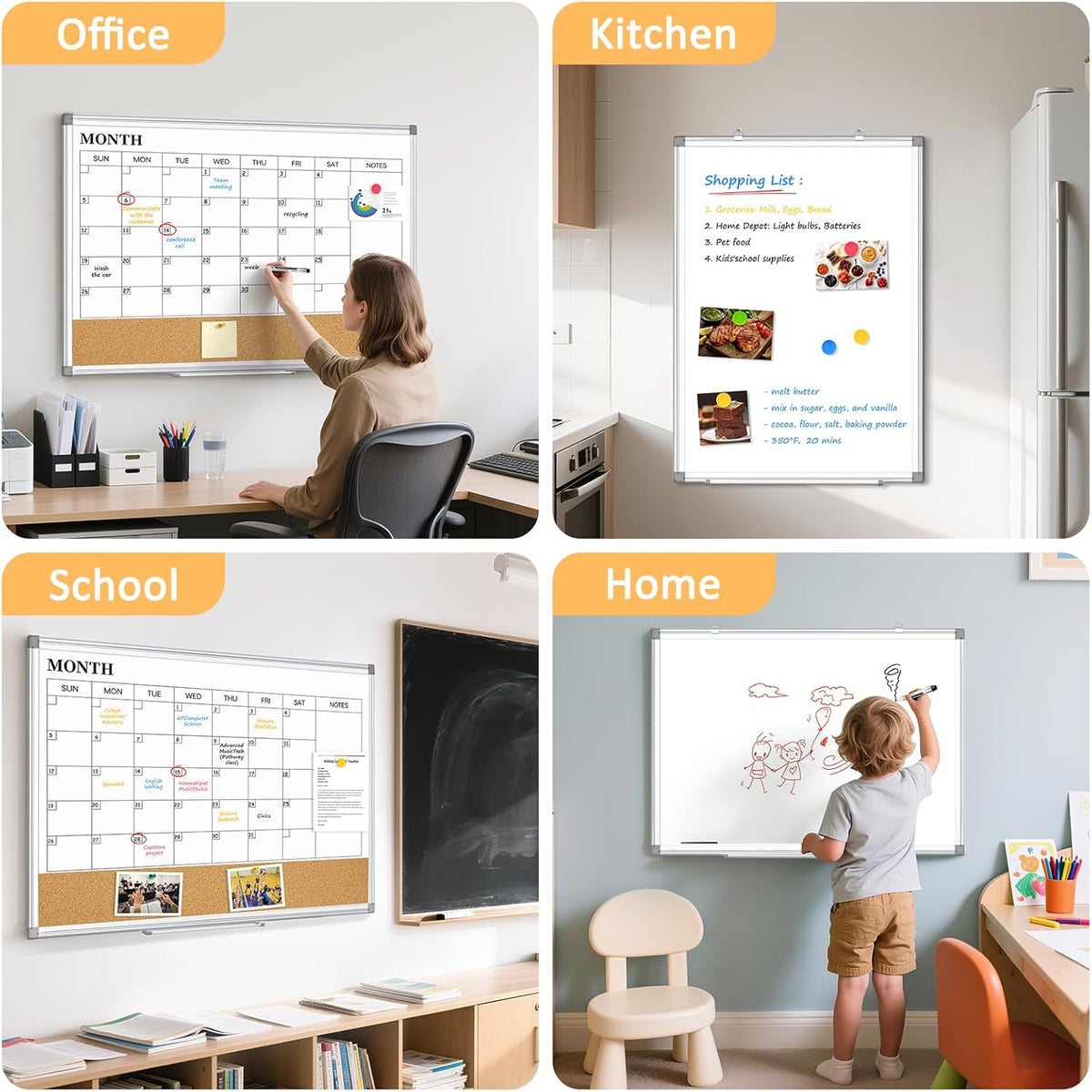 Monthly Dry Erase Calendar Whiteboard with Corkboard, 36" x 24", Si...