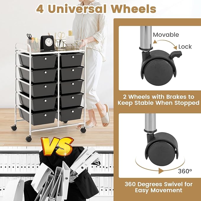 HAPPYGRILL 10-Drawer Rolling Storage Cart, Storage Organizer Cart - Image 4