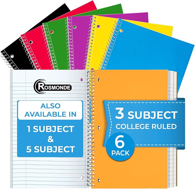 Rosmonde 3 Subject Notebook College Ruled, 6 Pack, 150 Sheets, No-Bleed Paper by Rosmonde
