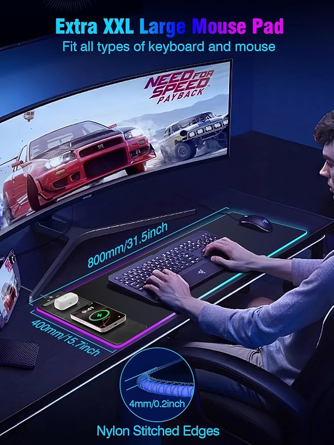Miroddi RGB Mouse Pad with Wireless Charging Gaming Mousepad, 31.5"x15.75" - Image 5