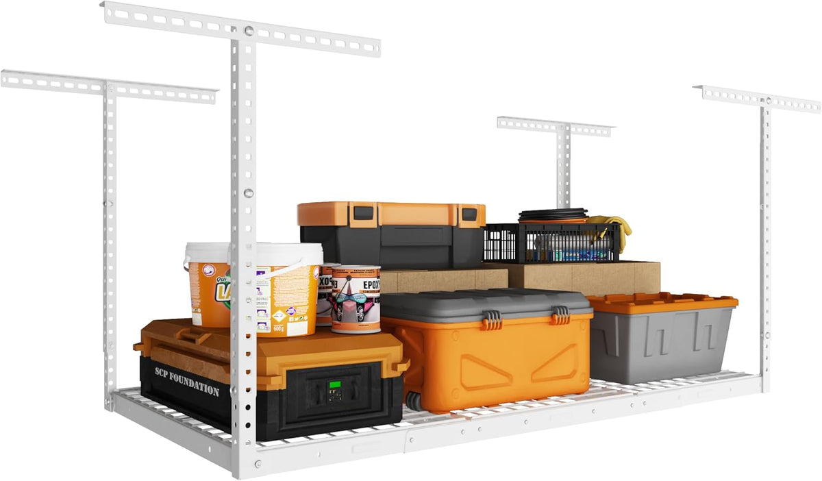 3x6ft overhead ceiling garage storage rack, 450lbs capacity shown in use
