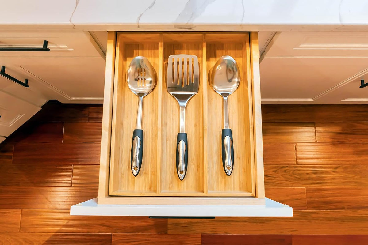 Umilife Bamboo Kitchen Utensils Organizer, 13 Inch Drawer Dividers for Silver...