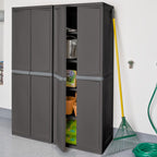 sterilite 4 shelf cabinet, lockable utility storage, gray shown in use