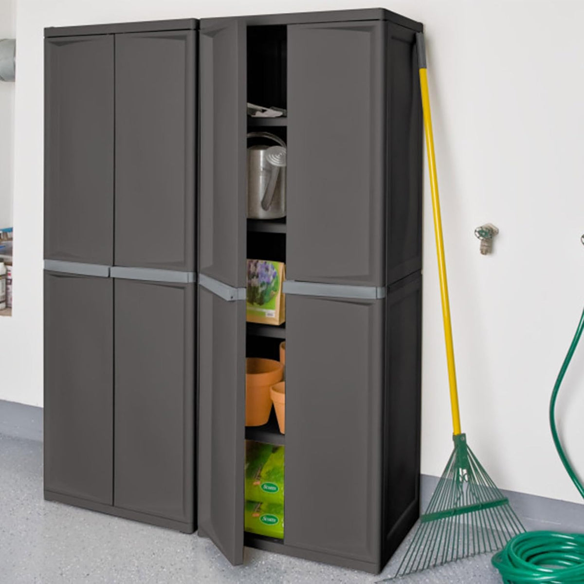 sterilite 4 shelf cabinet, lockable utility storage, gray shown in use
