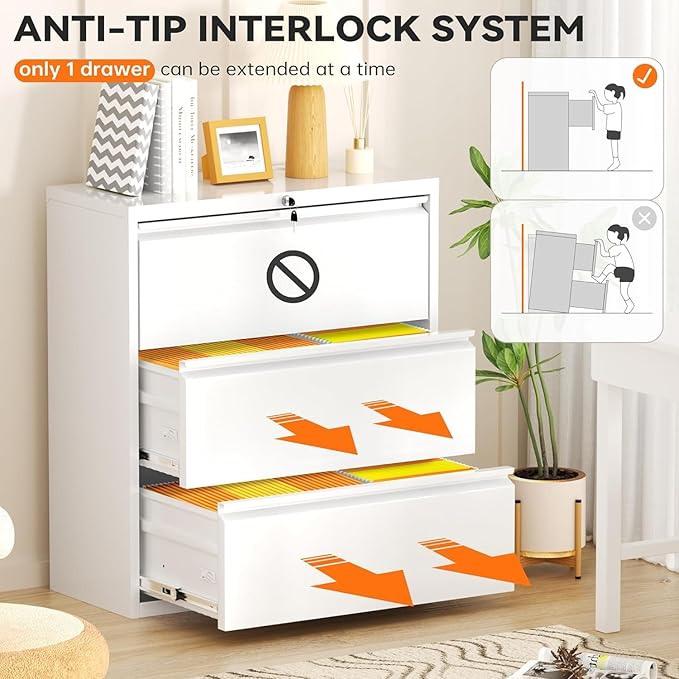 INTERGREAT 3-Drawer White Lateral File Cabinet, Locking Metal Lateral Filing - Image 5