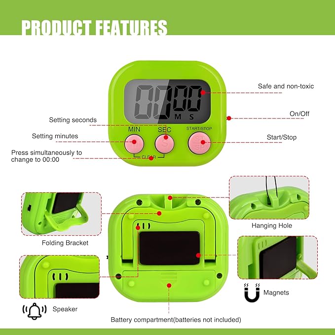 6 Pack Multi-Function Electronic Timer, Colorful Kitchen Timers Digital Magnetic - Image 5