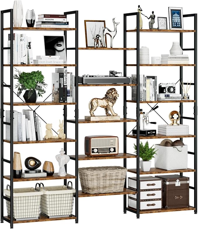 NUMENN Triple Wide 6 Tier Bookshelf, Rustic Industrial Style Bookcases and by NUMENN