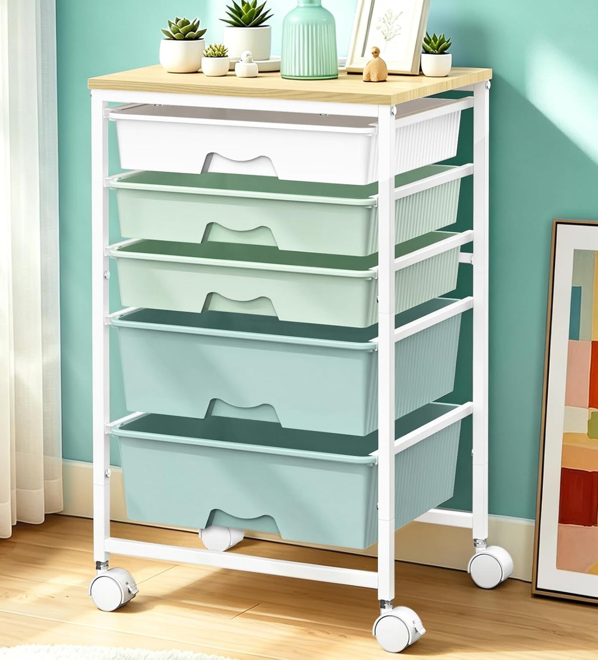 SUNALLY Rolling Carts With 5 Drawers, Storage Drawer Carts for Craft, Green