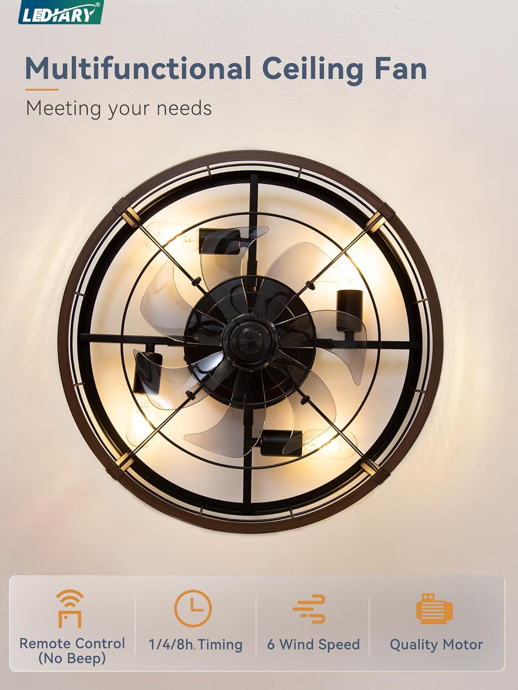 lediary 20" walnut caged low profile ceiling fan, side view