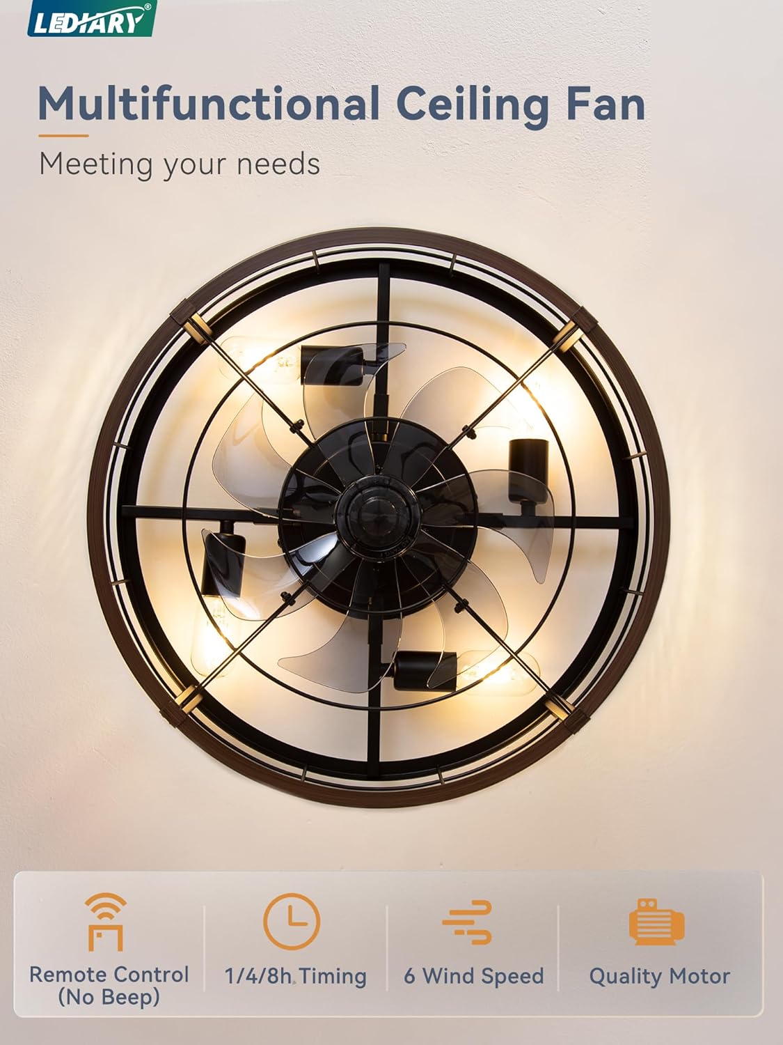 lediary 20" walnut caged low profile ceiling fan, side view