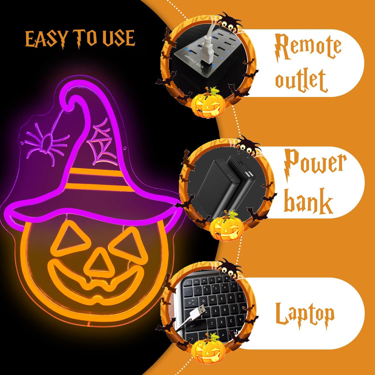 Halloween Neon Sign Pumpkin Neon Sign for Wall Decor Witch Hat Halloween Pump...