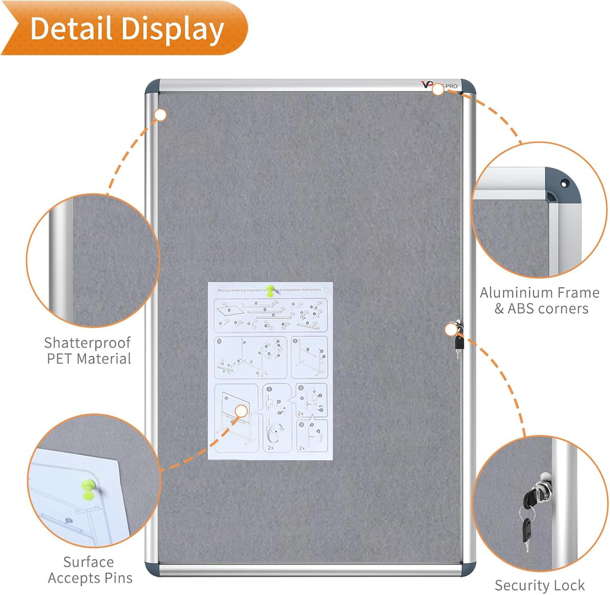 VIZ-PRO Tamperproof Lockable Gray Fabric Noticeboard Aluminium Framed 36x24 I...