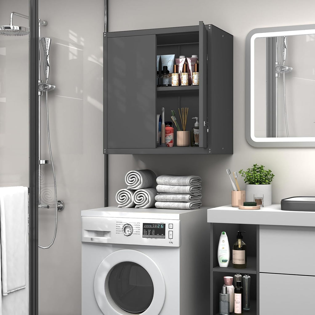 greatmeet locking metal garage wall cabinet with doors on a desk or shelf