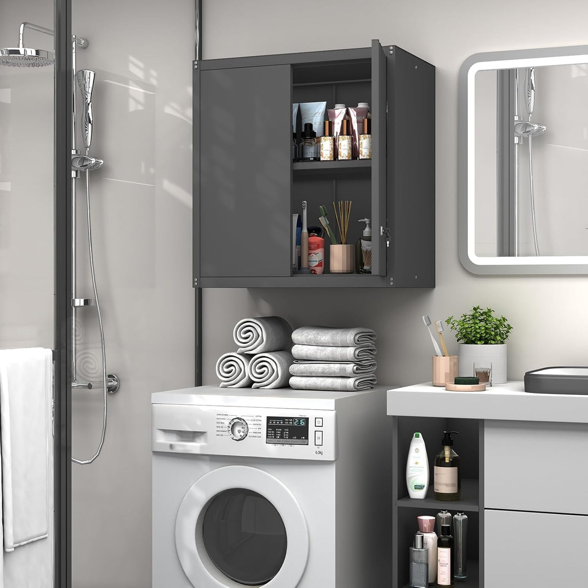 greatmeet locking metal garage wall cabinet with doors on a desk or shelf