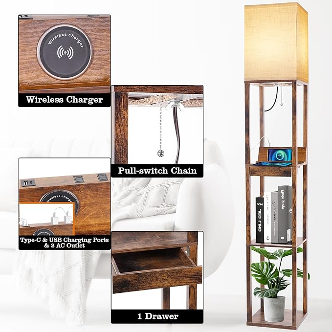 RUNTOP Floor Lamp with Shelves, Shelf Floor Lamp with Wireless Charger & 2 - Image 4