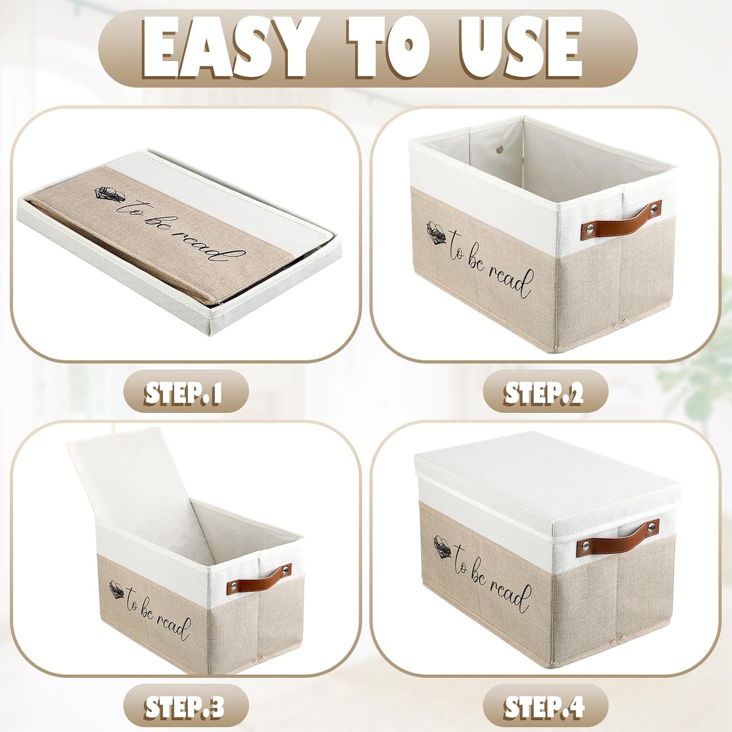 Marsui 1 Pcs Book Lover Gifts TBR Book Storage Basket with Lids,Camel | To Be Read Storage Bin, Linen with Leather Handles, Organizer for Paperback Novels, Bookish Gifts for Club Readers Teachers