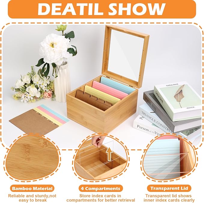 5x8 Index Card Holder with Dividers Bamboo Index Card Storage Box 4 - Image 3