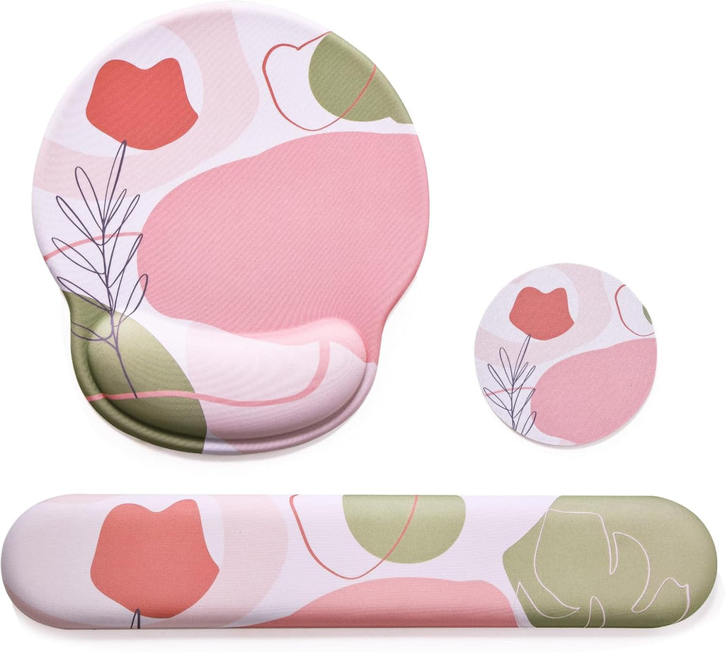 Keyboard Wrist Rest Mouse Pad with Wrist Support, Gaming Mousepad with Non-Slip Base, Ergonomic Mouse Wrist Arm Cushion Support for Home Office Laptop Computer, Easy Typing Pain Relief, Pink Flower
