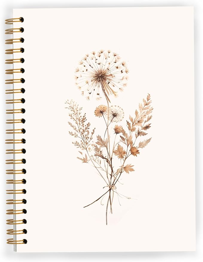 JWVK Boho Floral Spiral Notebook, Rustic Neutral Flower Herbs Notebooks by JWVK