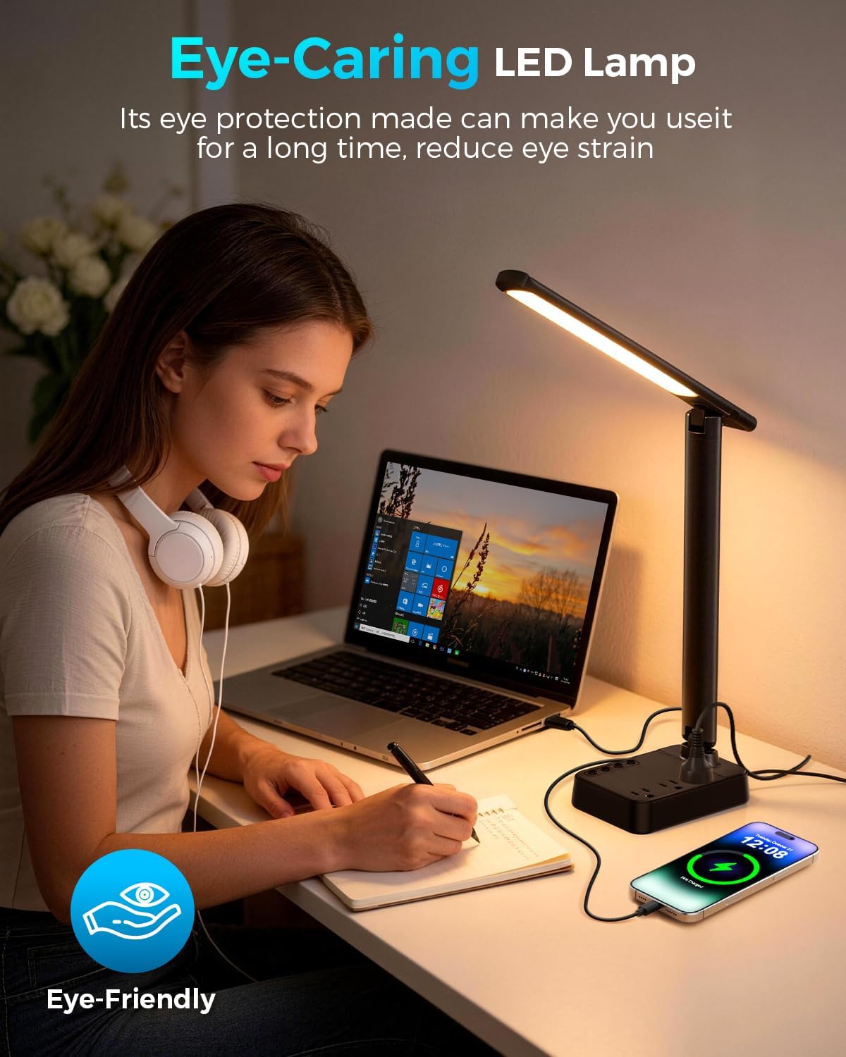 led desk lamp with power strip, 3 ac on a desk or shelf